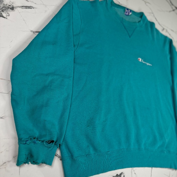 VINTAGE 90s CHAMPION CREW NECK SWEATSHIRT SZ XL TEAL BLUE THRASHED/FADED - Picture 3 of 12